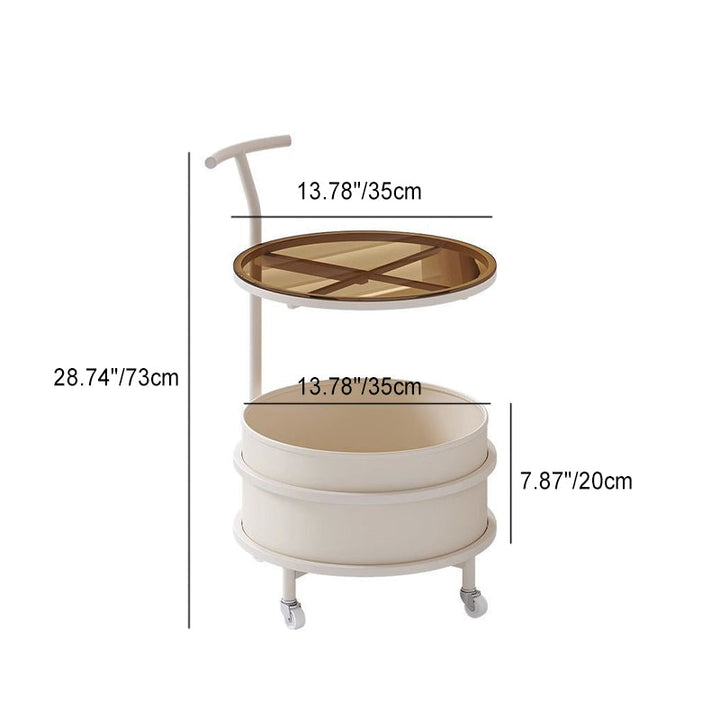 Moderner minimalistischer Beistelltisch in Creme mit abnehmbarer runder Glasplatte aus Edelstahl und Eisen, 2-stöckig, für das Wohnzimmer 