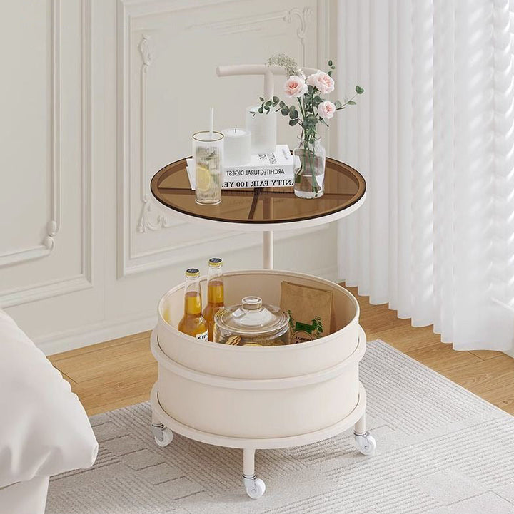 Moderner minimalistischer Beistelltisch in Creme mit abnehmbarer runder Glasplatte aus Edelstahl und Eisen, 2-stöckig, für das Wohnzimmer 