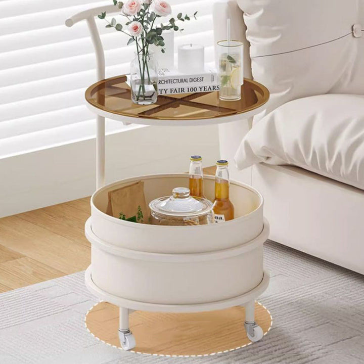 Moderner minimalistischer Beistelltisch in Creme mit abnehmbarer runder Glasplatte aus Edelstahl und Eisen, 2-stöckig, für das Wohnzimmer 