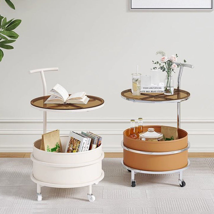 Moderner minimalistischer Beistelltisch in Creme mit abnehmbarer runder Glasplatte aus Edelstahl und Eisen, 2-stöckig, für das Wohnzimmer 