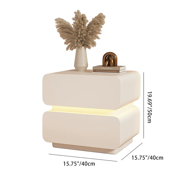 Zeitgenössischer skandinavischer Creme-Sensorlicht-Quadrat-Holz-Nachttisch mit 2 Schubladen für das Schlafzimmer 