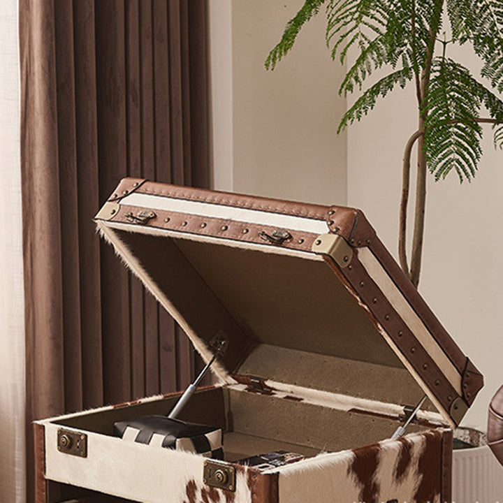 Traditional Vintage Cow Square Oil Wax Leather Cowhide Leather Contact Surface Veneer End Table 2-Tier For Living Room