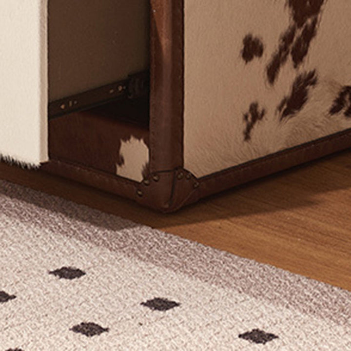 Traditional Vintage Cow Square Oil Wax Leather Cowhide Leather Contact Surface Veneer End Table 2-Tier For Living Room