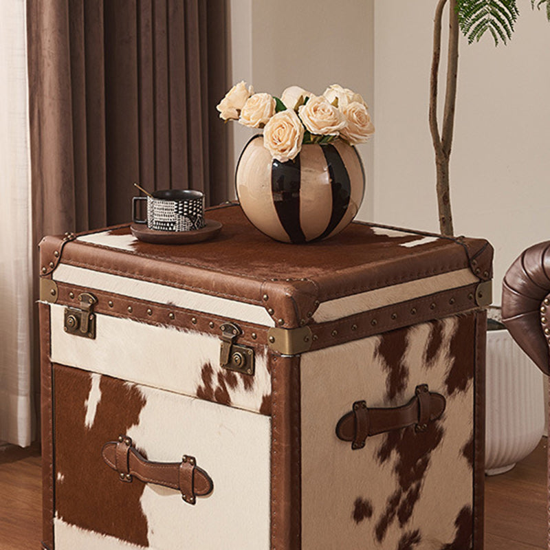 Traditional Vintage Cow Square Oil Wax Leather Cowhide Leather Contact Surface Veneer End Table 2-Tier For Living Room
