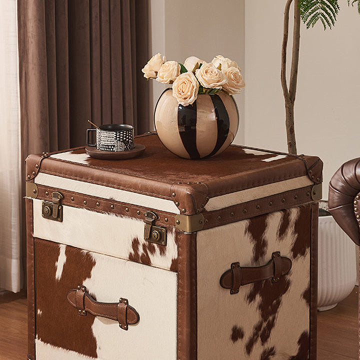 Traditional Vintage Cow Square Oil Wax Leather Cowhide Leather Contact Surface Veneer End Table 2-Tier For Living Room