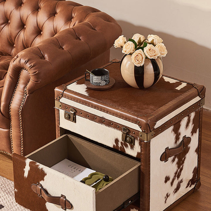 Traditional Vintage Cow Square Oil Wax Leather Cowhide Leather Contact Surface Veneer End Table 2-Tier For Living Room