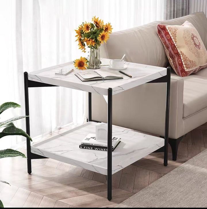 Modern Minimalist Rectangular Square MDF Iron Side Table 2-Tier For Living Room