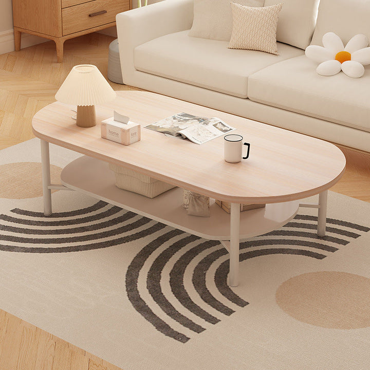 Moderner minimalistischer cremefarbener ovaler Kohlenstoffstahl-Dichteteller-Couchtisch mit 2 Ebenen für das Wohnzimmer 