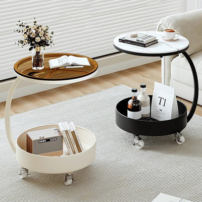 Table d'appoint moderne minimaliste amovible en verre rond avec dalle de roche et fer à 2 niveaux pour salon 