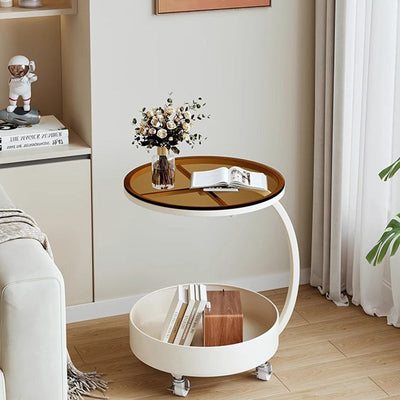 Table d'appoint moderne minimaliste amovible en verre rond avec dalle de roche et fer à 2 niveaux pour salon 