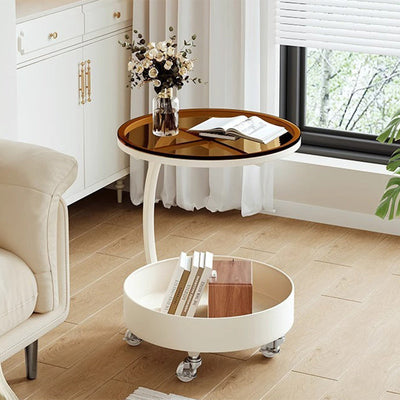 Table d'appoint moderne minimaliste amovible en verre rond avec dalle de roche et fer à 2 niveaux pour salon 