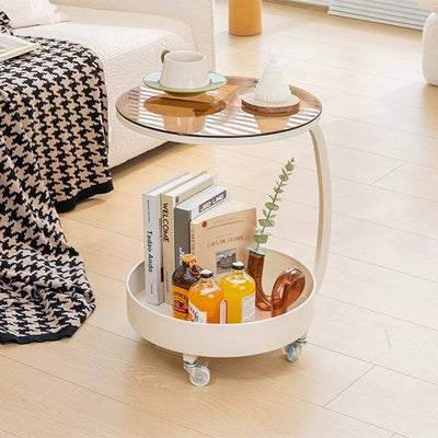Table d'appoint moderne minimaliste amovible en verre rond avec dalle de roche et fer à 2 niveaux pour salon 
