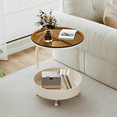 Table d'appoint moderne minimaliste amovible en verre rond avec dalle de roche et fer à 2 niveaux pour salon 