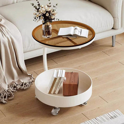 Table d'appoint moderne minimaliste amovible en verre rond avec dalle de roche et fer à 2 niveaux pour salon 