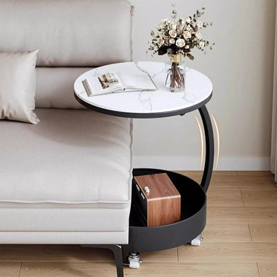 Table d'appoint moderne minimaliste amovible en verre rond avec dalle de roche et fer à 2 niveaux pour salon 