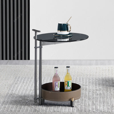 Table d'appoint cylindrique ronde contemporaine en métal, verre et cuir à 2 niveaux pour salon 