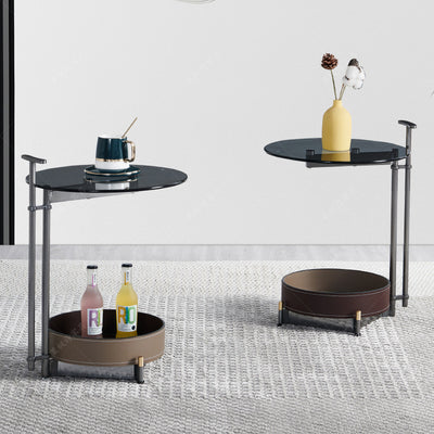 Table d'appoint cylindrique ronde contemporaine en métal, verre et cuir à 2 niveaux pour salon 