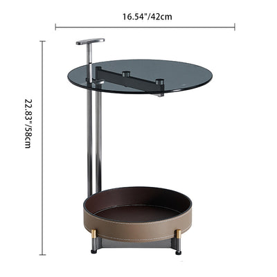Table d'appoint cylindrique ronde contemporaine en métal, verre et cuir à 2 niveaux pour salon 