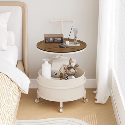 Table d'appoint contemporaine scandinave amovible en crème, cylindre rond en fer, acier inoxydable, verre, à 2 niveaux pour chambre 