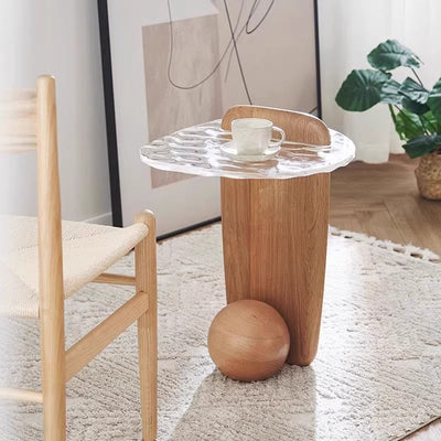 Table d'appoint ovale scandinave contemporain en verre et chêne pour le salon 