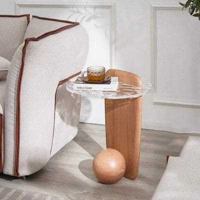 Table d'appoint ovale scandinave contemporain en verre et chêne pour le salon 