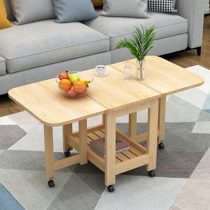 Modern Minimalist Foldable Expandable Rectangular Pine Wood Coffee Table 2-Tier For Living Room
