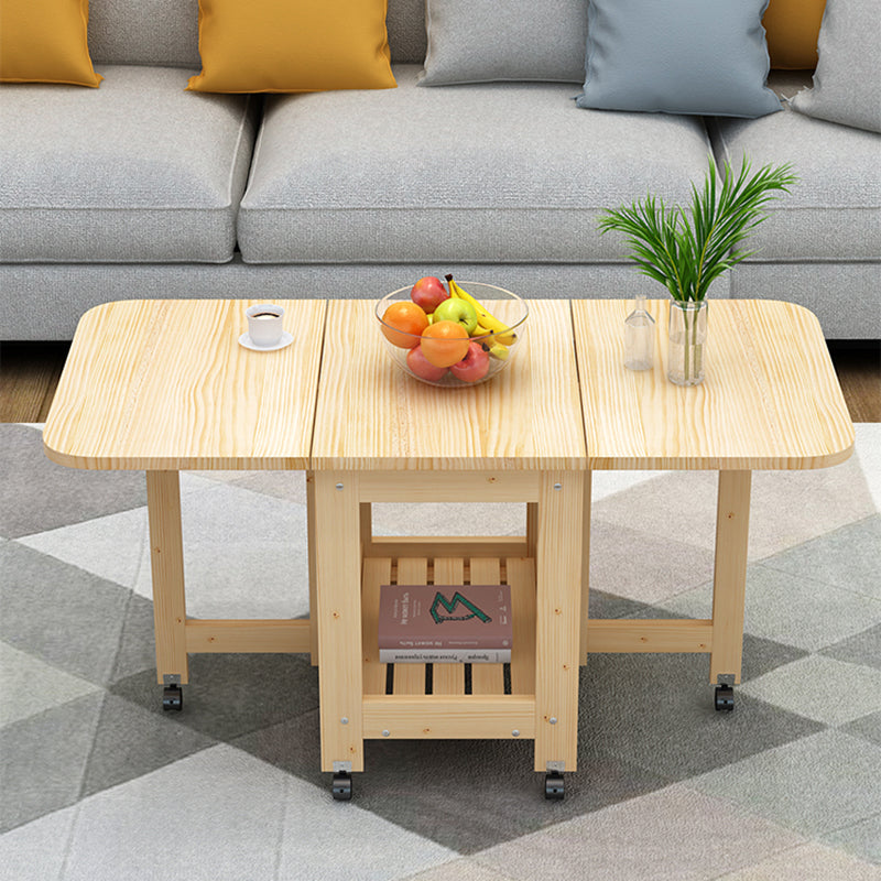 Modern Minimalist Foldable Expandable Rectangular Pine Wood Coffee Table 2-Tier For Living Room