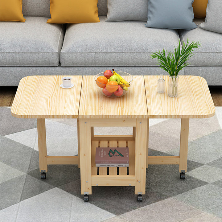 Modern Minimalist Foldable Expandable Rectangular Pine Wood Coffee Table 2-Tier For Living Room