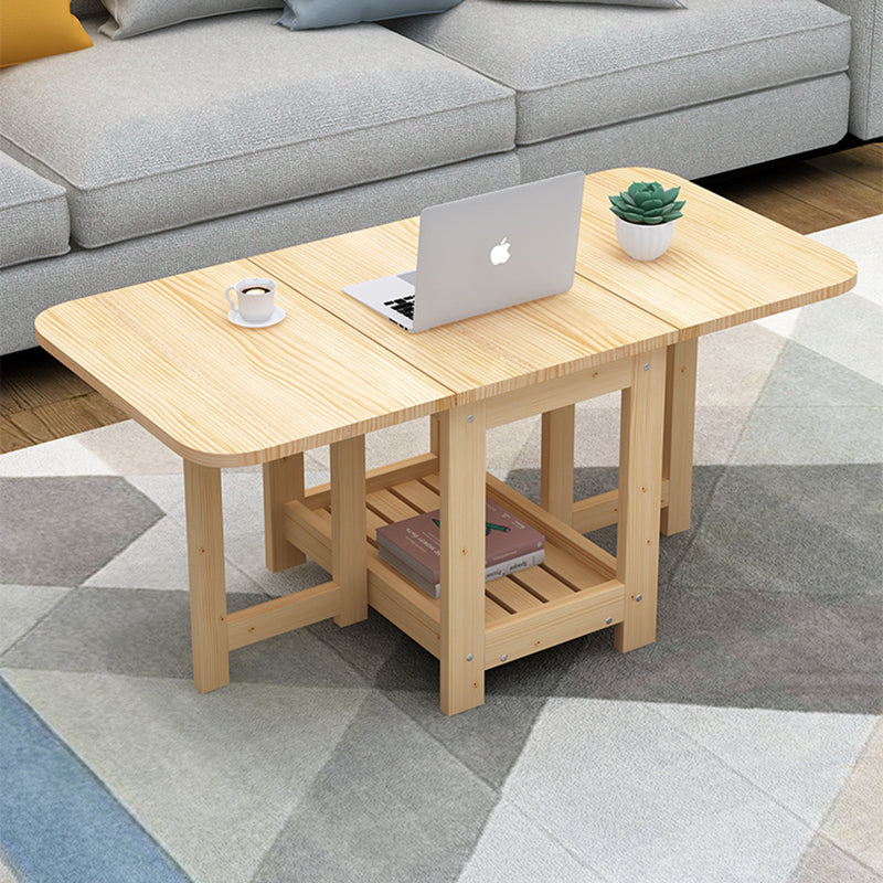 Modern Minimalist Foldable Expandable Rectangular Pine Wood Coffee Table 2-Tier For Living Room