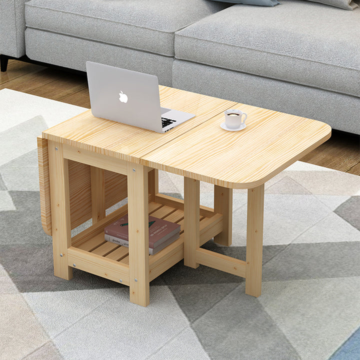 Modern Minimalist Foldable Expandable Rectangular Pine Wood Coffee Table 2-Tier For Living Room