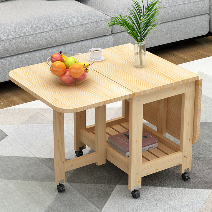 Modern Minimalist Foldable Expandable Rectangular Pine Wood Coffee Table 2-Tier For Living Room