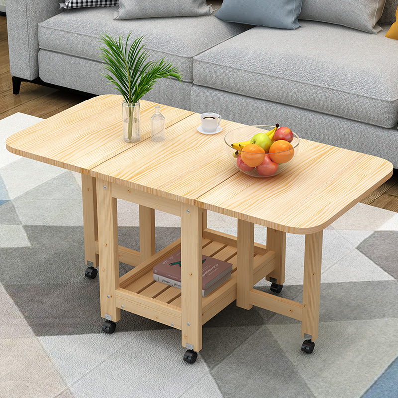 Modern Minimalist Foldable Expandable Rectangular Pine Wood Coffee Table 2-Tier For Living Room