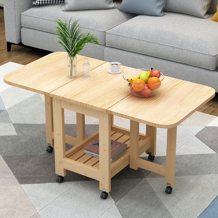 Modern Minimalist Foldable Expandable Rectangular Pine Wood Coffee Table 2-Tier For Living Room