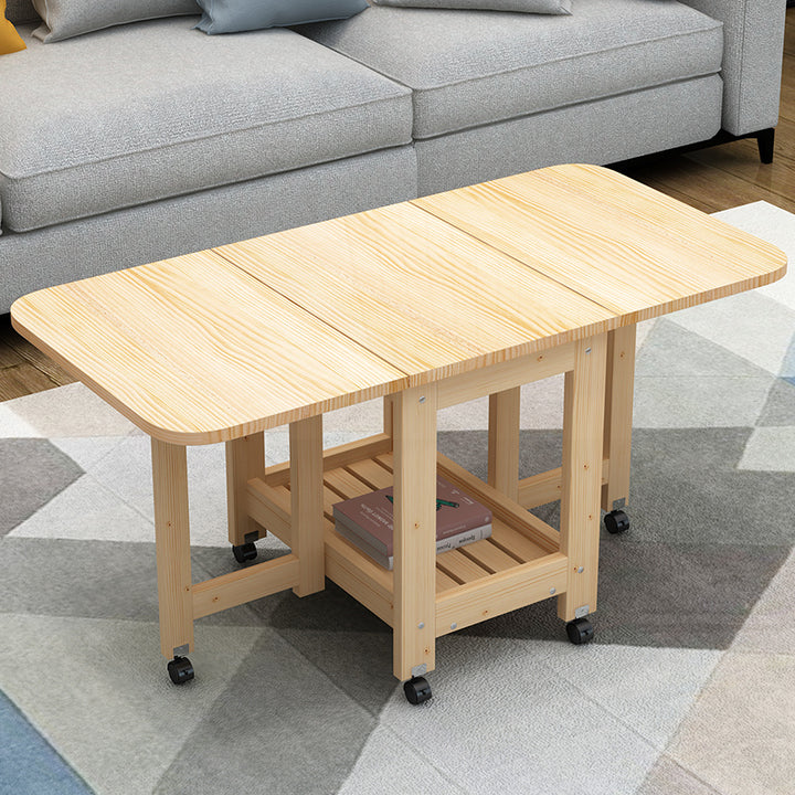 Modern Minimalist Foldable Expandable Rectangular Pine Wood Coffee Table 2-Tier For Living Room