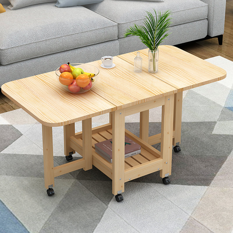 Modern Minimalist Foldable Expandable Rectangular Pine Wood Coffee Table 2-Tier For Living Room