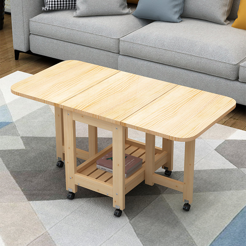 Modern Minimalist Foldable Expandable Rectangular Pine Wood Coffee Table 2-Tier For Living Room