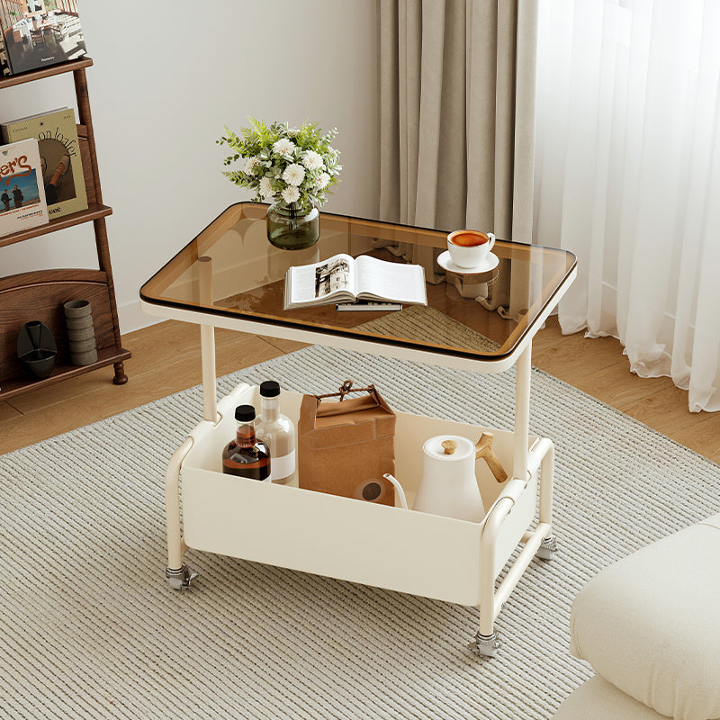 Mesa auxiliar rectangular de hierro y vidrio con losa de piedra removible nórdica contemporánea de 2 niveles para sala de estar 