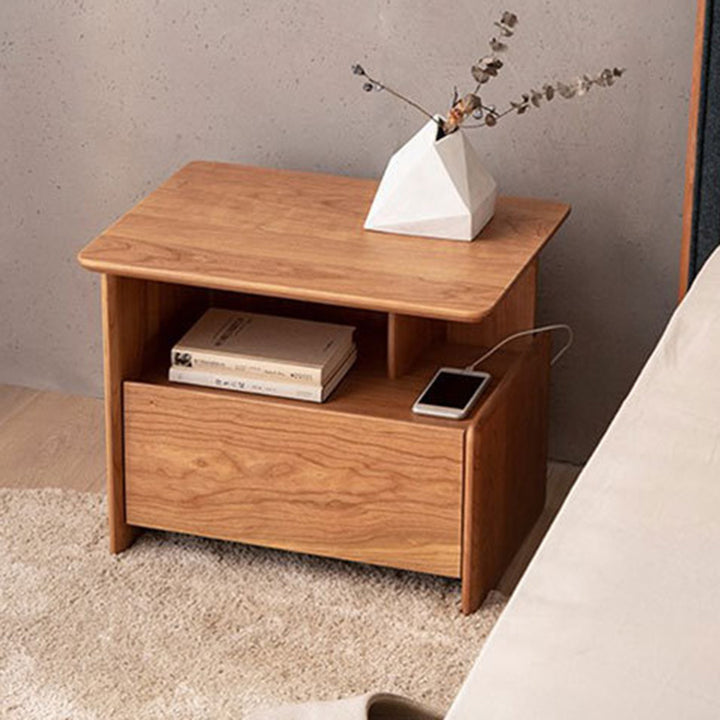 Mesita de noche tradicional vintage de madera de nogal y madera de cerezo, cuadrada y rectangular, con 1 cajón para dormitorio 