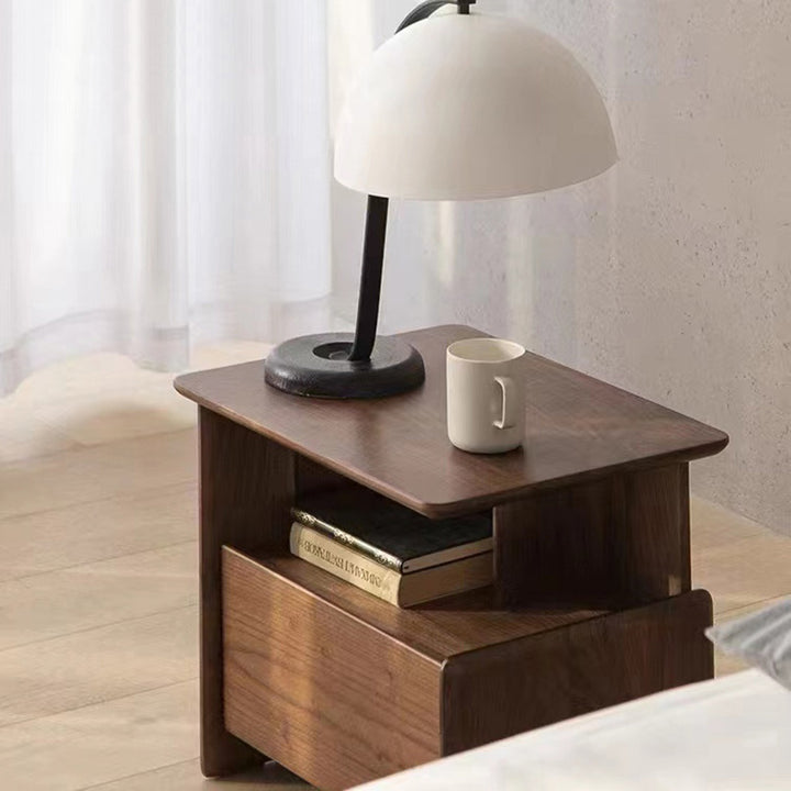 Mesita de noche tradicional vintage de madera de nogal y madera de cerezo, cuadrada y rectangular, con 1 cajón para dormitorio 