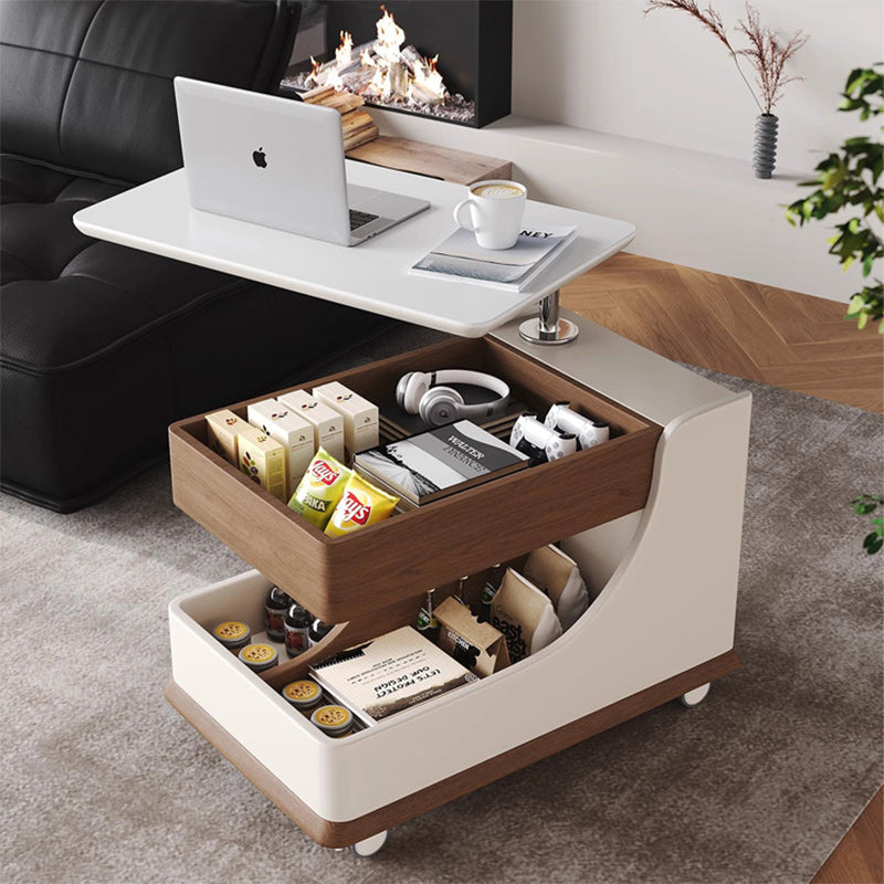 Modern Minimalist Liftable Removable Rectangular Wood Rock Slab Side Table 3-Tier For Living Room