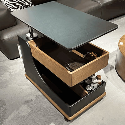 Modern Minimalist Liftable Removable Rectangular Wood Rock Slab Side Table 3-Tier For Living Room