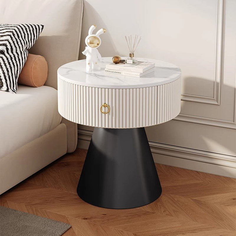 Mesita de noche contemporánea escandinava redonda con cilindro y cono, de madera contrachapada, acero al carbono y losa de roca, con 1 cajón, para dormitorio 