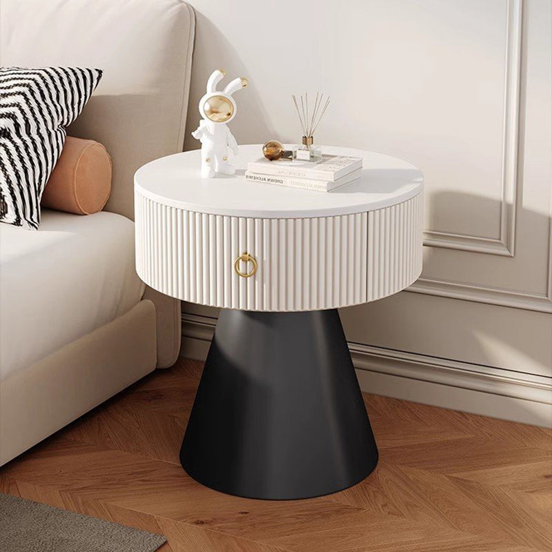 Mesita de noche contemporánea escandinava redonda con cilindro y cono, de madera contrachapada, acero al carbono y losa de roca, con 1 cajón, para dormitorio 