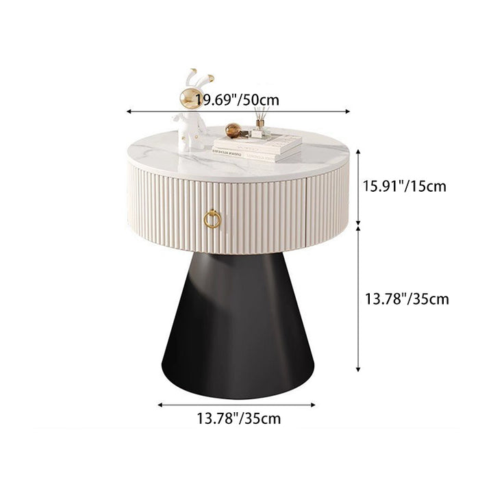 Contemporary Scandinavian Round Cylinder Cone Plywood Carbon Steel Rock Slab Nightstand 1-Drawer For Bedroom