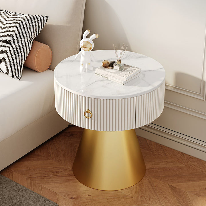 Contemporary Scandinavian Round Cylinder Cone Plywood Carbon Steel Rock Slab Nightstand 1-Drawer For Bedroom