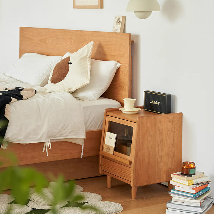 Table de nuit traditionnelle vintage trapézoïdale en bois de cerisier à 2 tiroirs pour chambre 