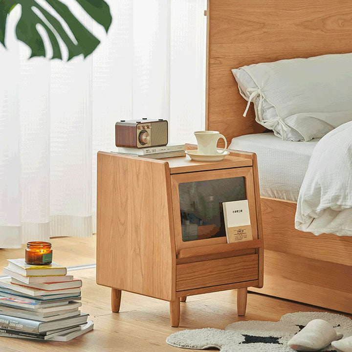 Table de nuit traditionnelle vintage trapézoïdale en bois de cerisier à 2 tiroirs pour chambre 
