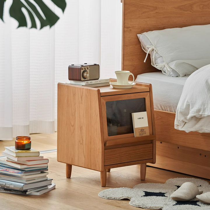 Table de nuit traditionnelle vintage trapézoïdale en bois de cerisier à 2 tiroirs pour chambre 