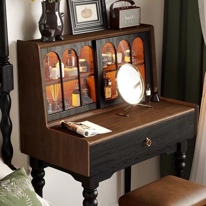 Traditioneller rechteckiger Vintage-Schminktisch aus Kiefernholz und Glas mit 1 Schublade fürs Schlafzimmer 