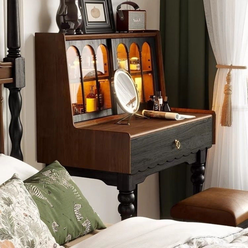 Traditioneller rechteckiger Vintage-Schminktisch aus Kiefernholz und Glas mit 1 Schublade fürs Schlafzimmer 